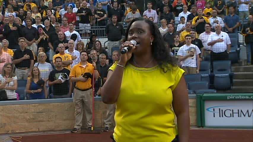 Petrina McCutchen performed the national anthem before the Pirates took the field against the Miami Marlins at PNC Park.