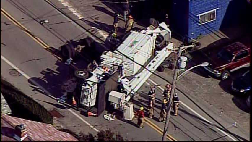 A truck flipped onto its side and landed in the middle of Frankstown Road in Penn Hills.