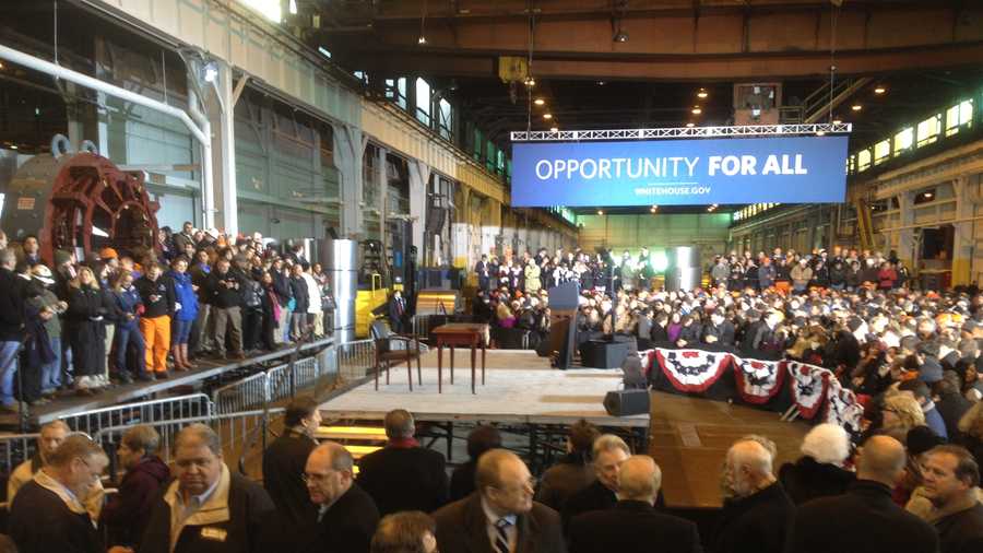 A crowd gathers at the U.S. Steel Irvin Plant to hear President Barack Obama speak.