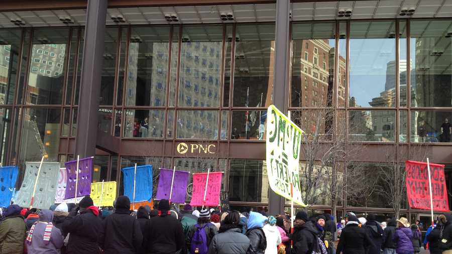 Hundreds of protesters organized by the SEIU gathered outside the UPMC corporate offices in downtown Pittsburgh for a second straight day.