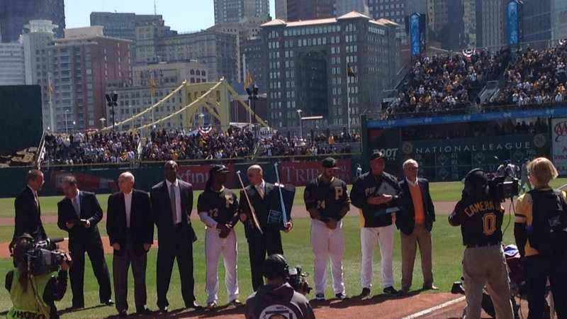 Andrew McCutchen, Pedro Alvarez and Clint Hurdle are presented with their 2013 MVP, Silver Slugger and Manager of the Year awards by Barry Bonds, Dick Groat, Jack Wilson and Jim Leyland.