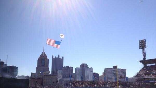 Three Parachutists brought in three flags to kick off the Opening Day of the 2014 Pittsburgh Pirates season.