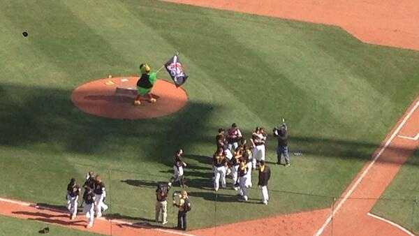 The Pirate Parrot raises the Jolly Roger after a Pittsburgh Pirates victory.