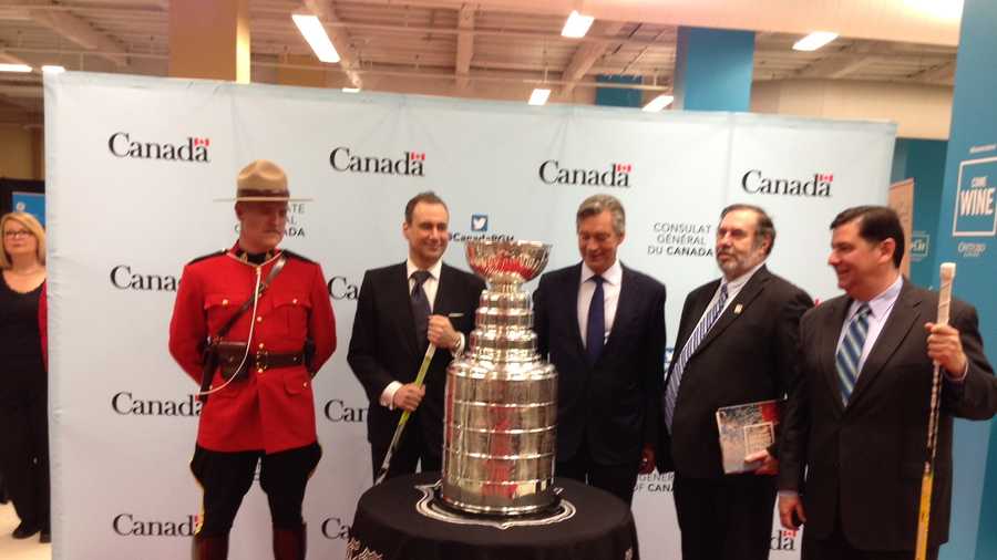 Pop-Up Canada! is a celebration of Pittsburgh's relationship with Canada. Pictured left to right: A Royal Canadian Mounted Police member; John Prato, Consul General of Canada; Gary Doer, Ambassador of Canada to the U.S.; Leo Gerard, United Steelworkers president; Mayor Bill Peduto.