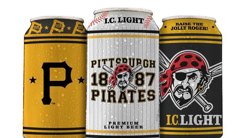 Pirates-themed collector series beer cans of I.C. Light: Vintage P, Heritage 1887 and Raise the Jolly Roger.