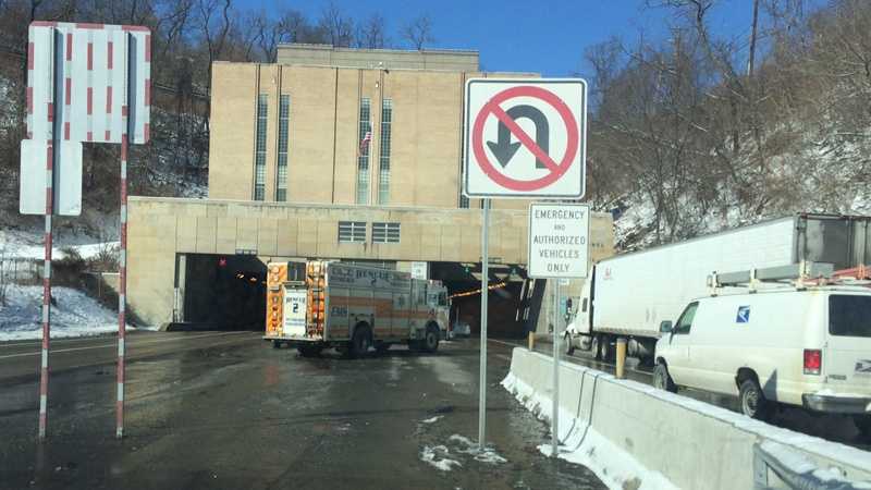 An emergency vehicle blocked the outbound entrance to the Squirrel Hill Tunnel.