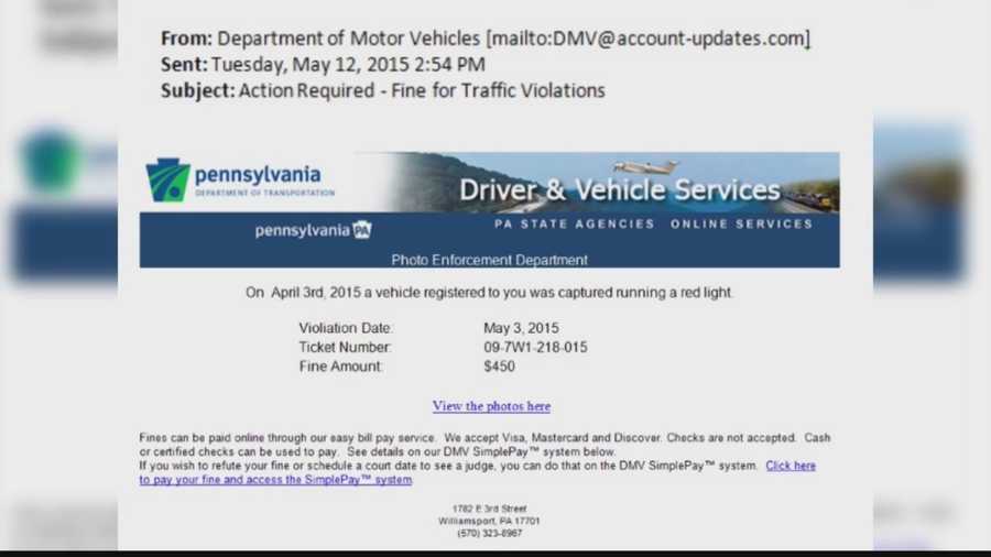 An example of a scam email that looks like it was sent by PennDOT.