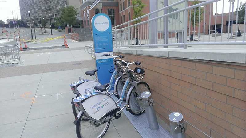A bicycle rental station at Consol Energy Center.