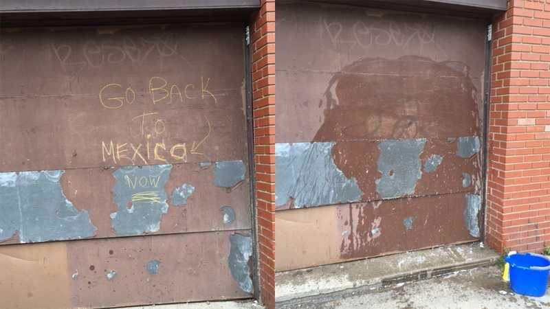 Pictures of the wall at Las Palmas before (left) and after it was scrubbed clean (right).
