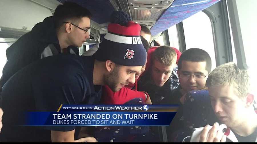 Pittsburgh's Action News 4's Ryan Recker's reports on the successful return of the Duquesne Men's basketball team after being trapped on the Pennsylvania Turnpike overnight for 22 hours.