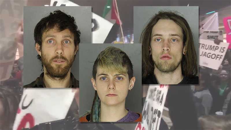Kennon Hooper (left), Lisa Cuyler (middle) and Maxwell Yarick (right) were arrested outside a Donald Trump rally at the David L. Lawrence Convention Center in Pittsburgh.