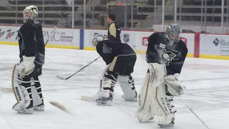 Pittsburgh Penguins goaltenders Matt Murray, Jeff Zatkoff and Marc-Andre Fleury.