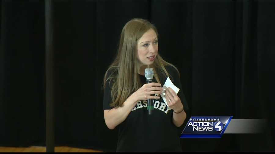Chelsea Clinton spoke at a gathering of Pennsylvania Women for Hillary at the Rivers Club downtown and then at the University of Pittsburgh, where she spoke at the O'Hara Student Center.