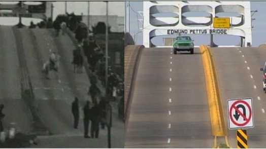 LEFT: Edmund Pettus Bridge during 1965 "Bloody Sunday" attack; RIGHT: Edmund Pettus Bridge during 2015 Bridge Crossing Jubilee celebration.