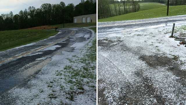 The hail looks like snow on the ground on Ray Loop Road near Francisco.