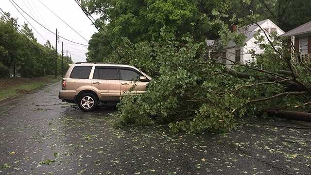A tree fell on a car on Woodcote Street and Clemmonsville Road in Winston-Salem.
