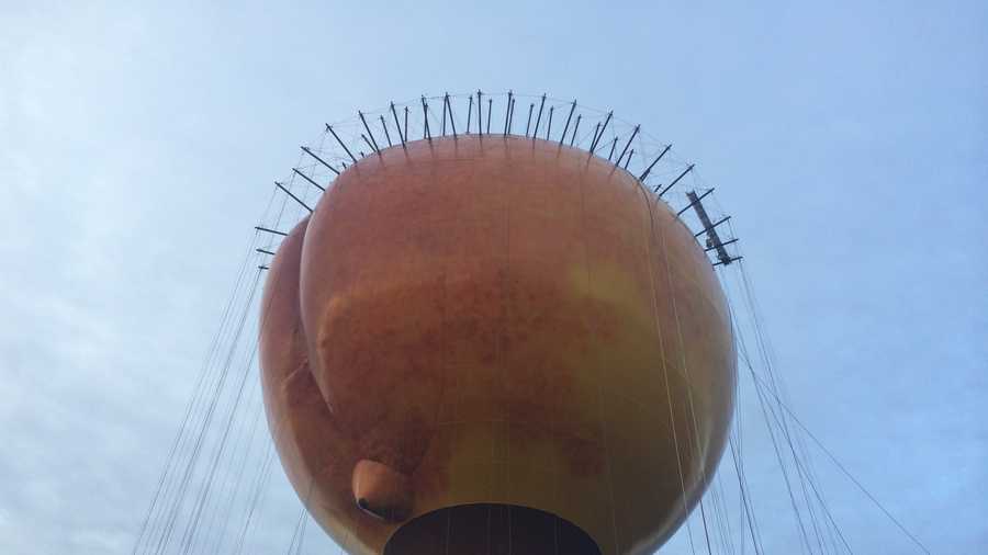 Gaffney's peachoid getting pinned before the company puts drapes over it.