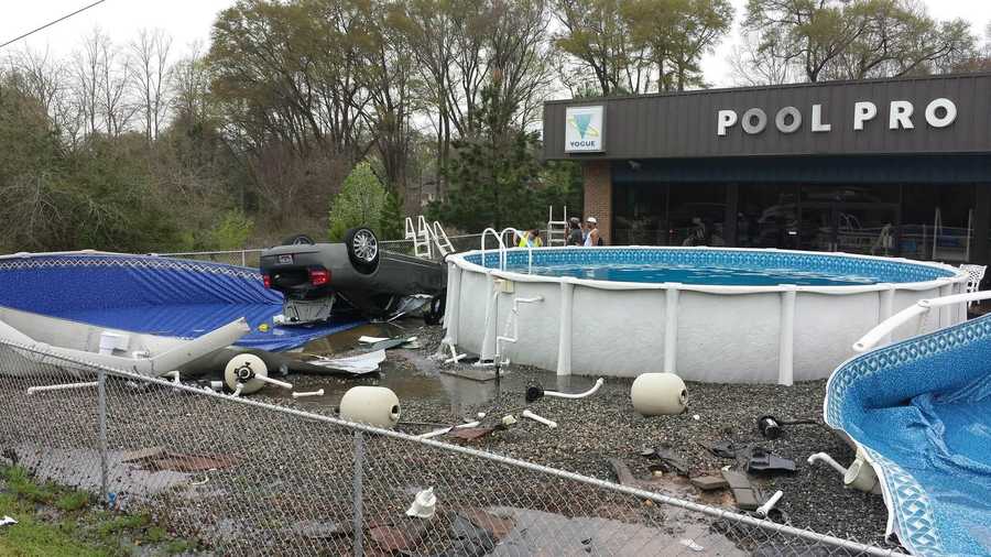 The owner of Pool Pro in Anderson County says a car slammed into several pools in front of her business Thursday. 