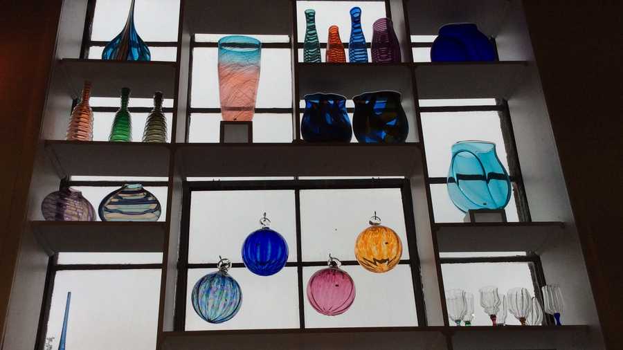 Hand-blown glass brightens up a gray day outside of Lexington Glassworks in Asheville.