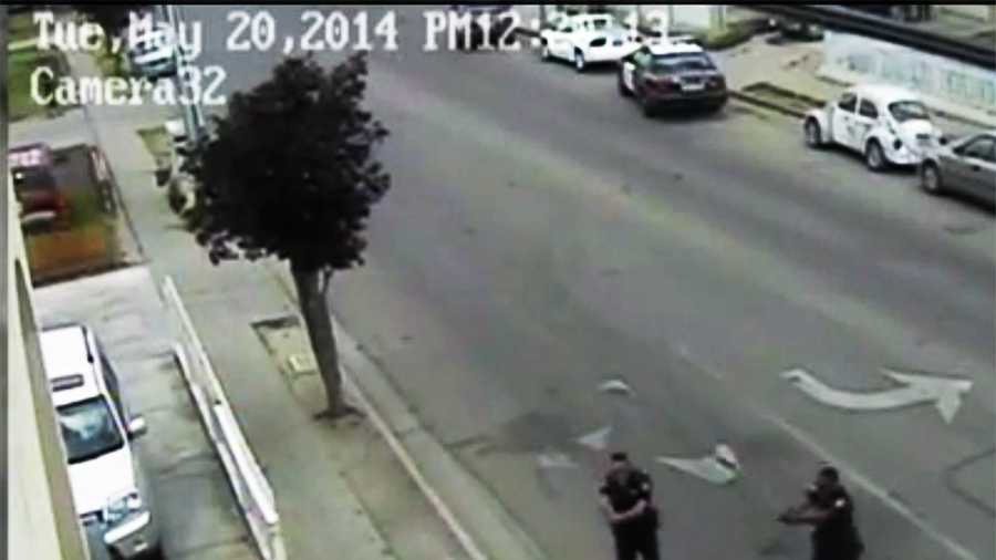 MAY 20, 2014:  Carlos Mejia is seen here 1 second before the two officers opened fire and he died.