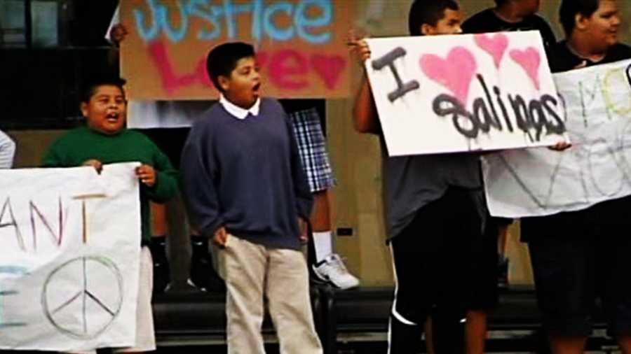 MAY 22, 2014:  Several demonstrators calling for peace and unity have also been organized, including this one where kids held signs reading, "I love Salinas."