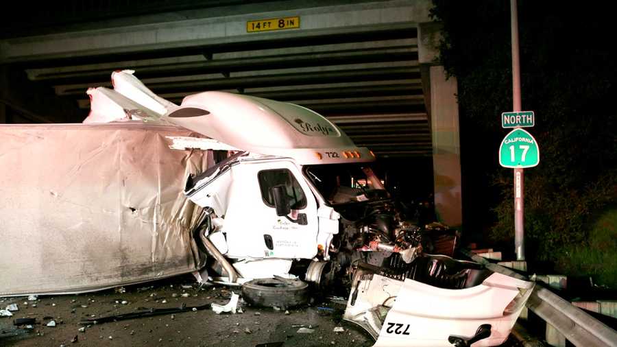 This big-rig truck crashed on the Highway 1-Highway 17 fishhook in Santa Cruz Monday night. Witnesses told CHP officers that the truck was traveling southbound when it "flew over the fishhook" bridge and landed on the northbound lanes.