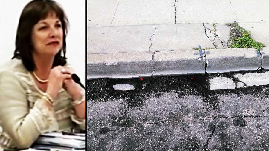 Marilyn Shepherd, left, and the curb in Monterey where she fell, right, are seen. 