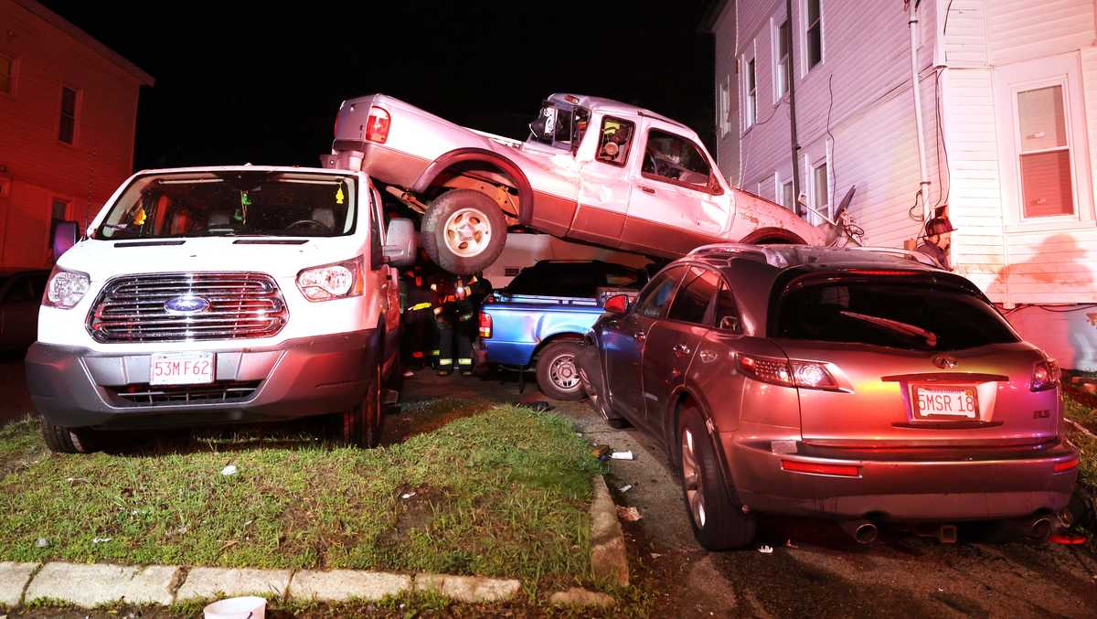 Wild crash: Pickup truck lands on top of vehicles in Mass. city – WCVB Boston