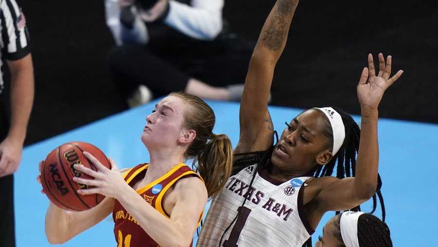 iowa state guard lexi donarski (21) shoots ahead of texas a&m guard zaay green (1) during the first half of a college basketball game in the second round of the women's ncaa tournament at the alamodome in san antonio, wednesday, march 24, 2021. (ap photo/eric gay)