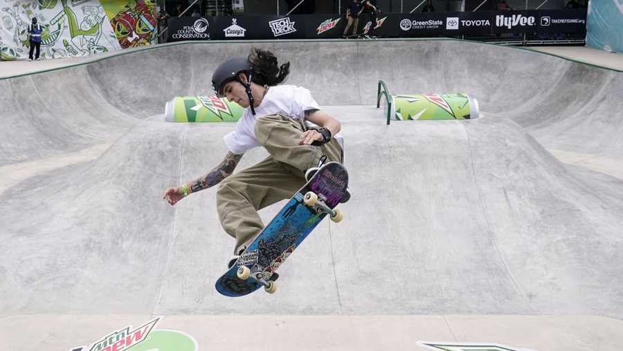 jose daniel zapata arisrizabal, of colombia, practices during an olympic qualifying skateboarding event at lauridsen skatepark, wednesday, may 19, 2021, in des moines, iowa. the questions under the magnifying glass at this week's dew tour — one of the last major qualifying events for the games in tokyo in july — is whether the olympics is ready for skateboarding and, more tellingly, whether skateboarding is ready for the olympics. (ap photo/charlie neibergall)