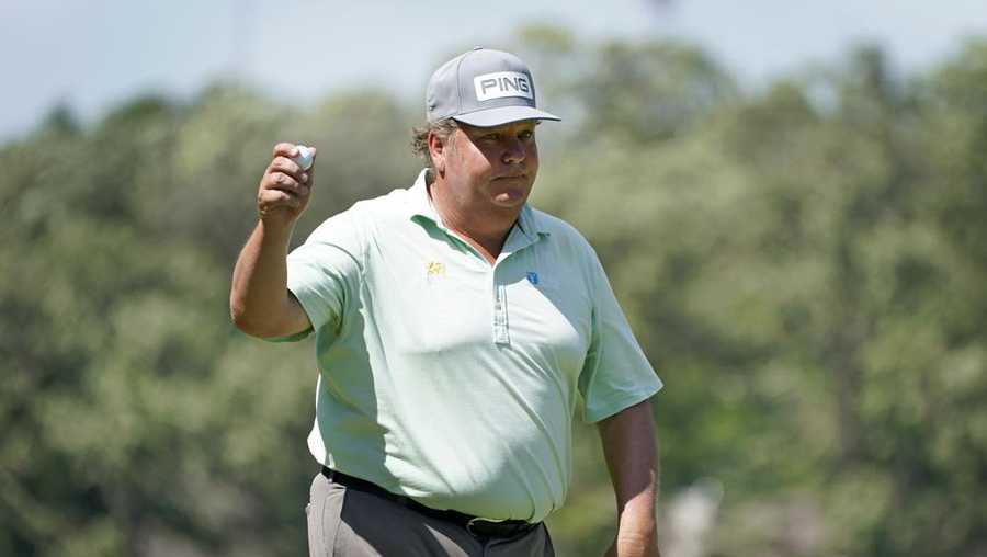 tim herron reacts after making a birdie putt on the 18th green during the second round of the pga tour champions principal charity classic golf tournament, saturday, june 5, 2021, in des moines, iowa. (ap photo/charlie neibergall)