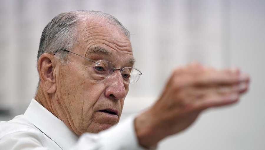 in this june 30, 2021, photo sen. chuck grassley, r-iowa, speaks during a meeting with employees at professional computer solution, in denison, iowa. (ap photo/charlie neibergall)
