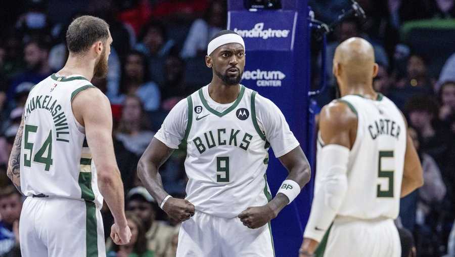 milwaukee bucks forward bobby portis (9) celebrates after drawing a foul during the second half of the team's nba basketball game against the charlotte hornets on saturday, dec. 3, 2022, in charlotte, n.c. (ap photo/scott kinser)
