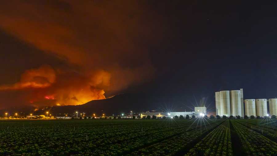 Night photograph of the River Fire burning near Mt. Toro