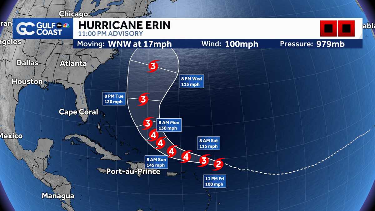 Hurricane Erin forecast to become category 4 storm
