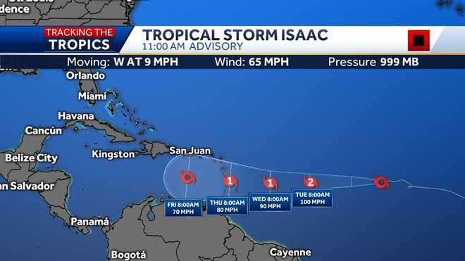 Isaac strengthens into a hurricane; now three active hurricanes in Atlantic