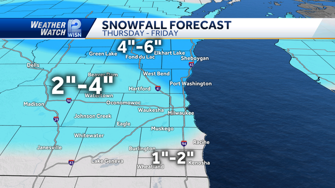 Snowfall forecast: 4"-6" To the north, much of Area 2 is expected to be seen"-4".