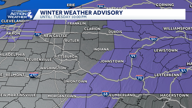 A Winter Weather Advisory continues for the Laurel Highlands into this evening. generally widespread 2-4" of snow from our system this morning.