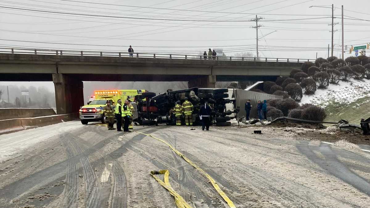 Part of I-85 north closed for hours after semi-truck overturns during ice storm
