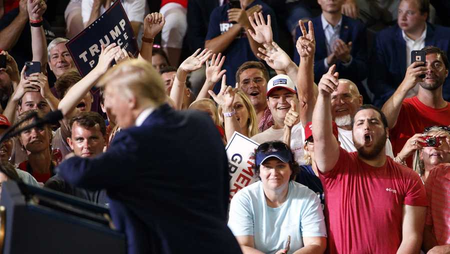 Supporters cheer as President Donald Trump speaks at a campaign rally at Williams Arena in Greenville, North Carolina, on July 17, 2019.
