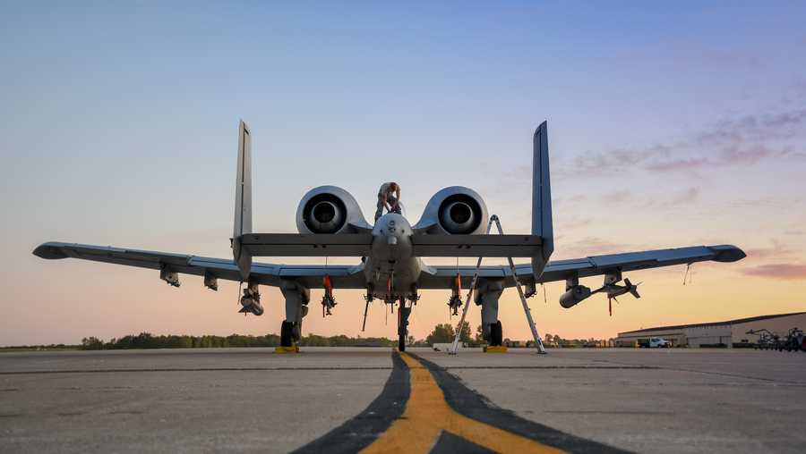 Airman 1st Class Logan Ingrassia, a crew chief with the 358th Fighter Squadron, completes maintenance checks on an A-10 Thunderbolt II at Whiteman Air Force Base, Mo., Oct. 7, 2019.
