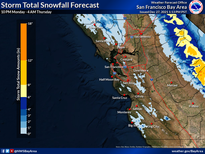 Weather Service Posts Map Showing Where Snow Could Fall On The Central Coast On Tuesday