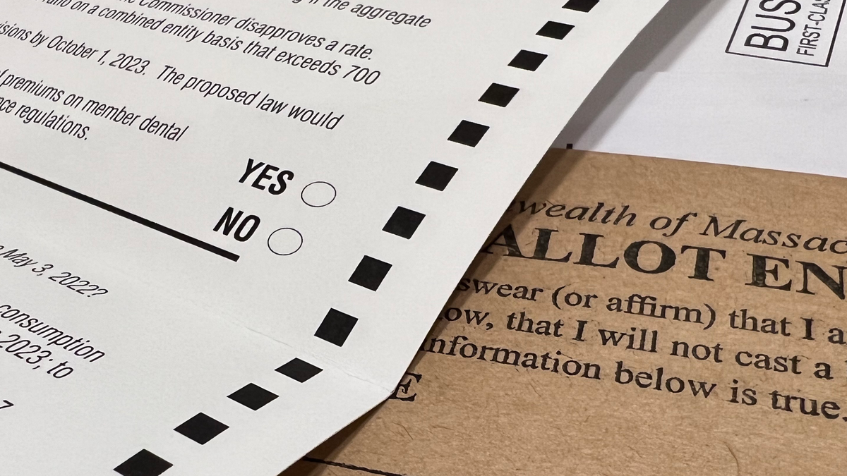 Photo of a Massachusetts Ballot Question that reads "Yes" or "No." The picture include partial summary of the ballot, and part of a mailing envelop