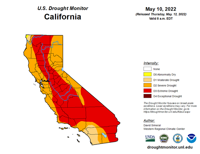 Californie la sécheresse moniteur, jeudi. mai 12, 2022
