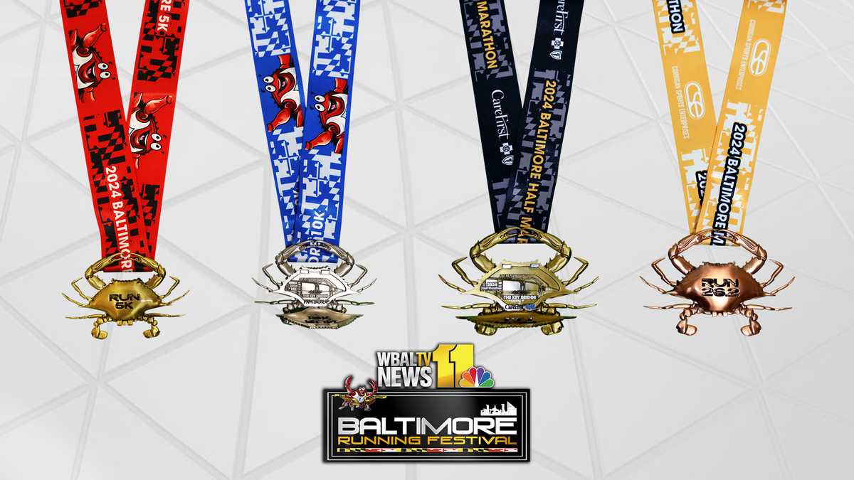 Baltimore Running Festival medals feature Key Bridge in 2024