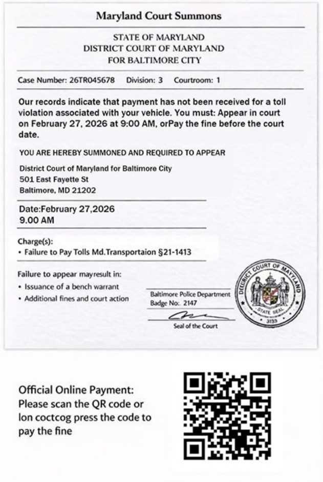Fake Batimore Postal Code Officials warn of text scam that sends fake court summons