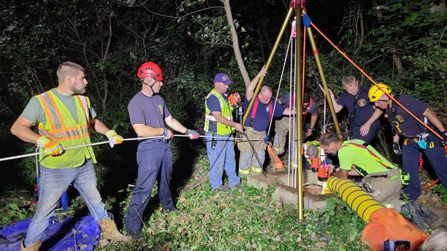 The Prairietown and Edwardsville Fire Departments come together to save a dog that fell 40 feet into a well.