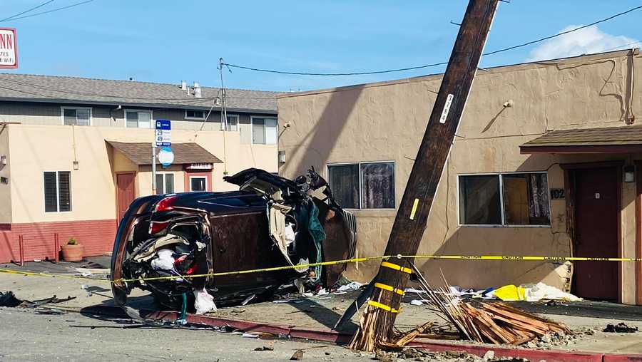 Car crashes through power pole and into building in Salinas