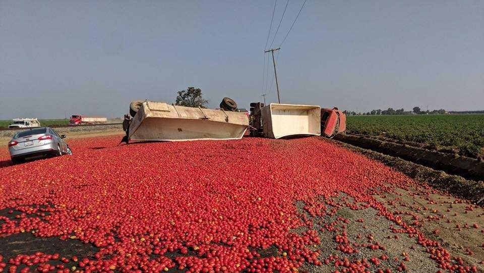 Truck carrying tomatoes overturns on San Joaquin County highway