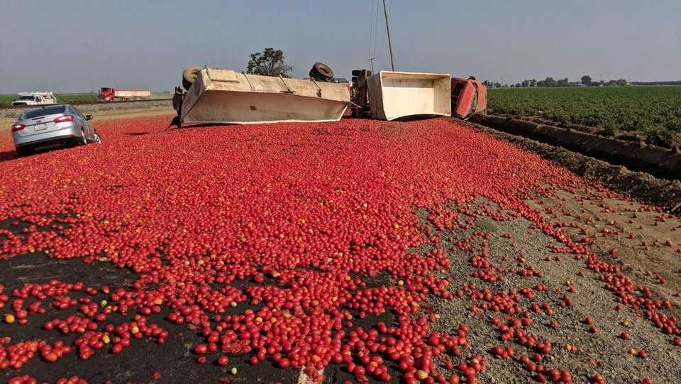 Truck carrying tomatoes overturns on San Joaquin County highway